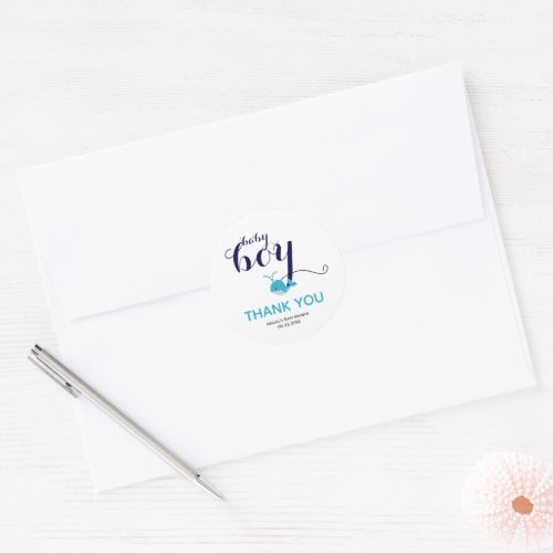 Cute blue whale ocean themed Thank You Baby Shower Classic Round Sticker