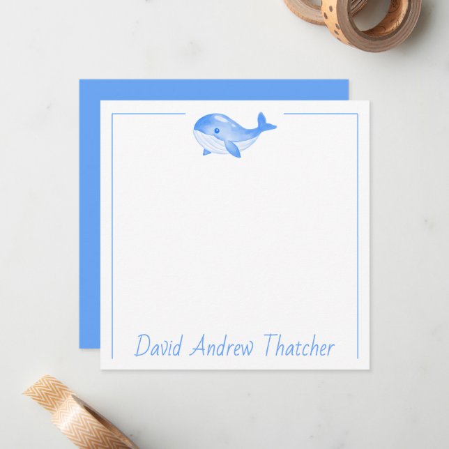 Cute Blue Whale Personalized Note Card (Front/Back In Situ)