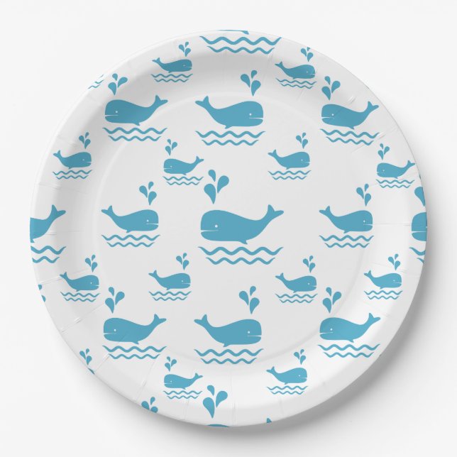Cute Blue Whale Seamless Ocean Pattern (1) Paper Plates (Front)