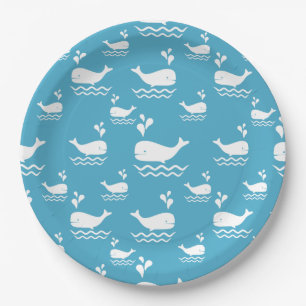 Cute Blue Whale Seamless Ocean Pattern (2) Paper Plates
