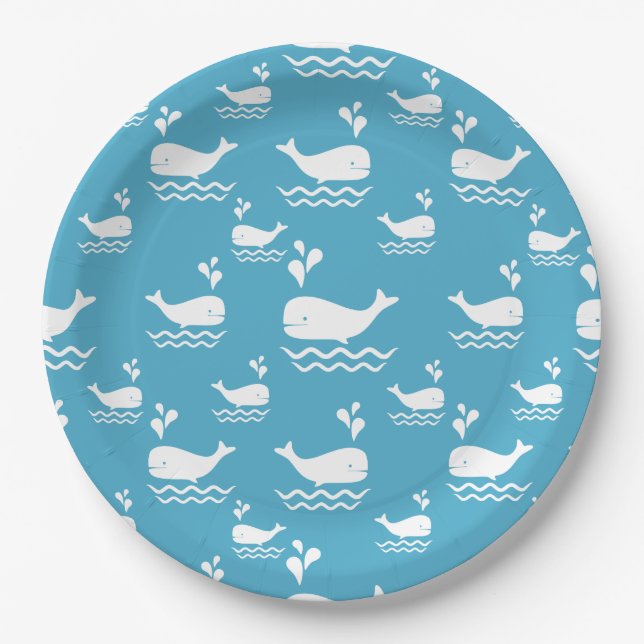 Cute Blue Whale Seamless Ocean Pattern (2) Paper Plates (Front)