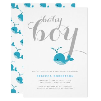 Cute blue whale typography baby boy shower invitation