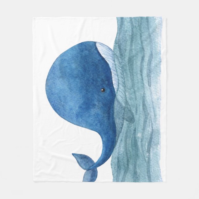 Cute Blue Whale Watercolor Illustration Fleece Blanket (Front)