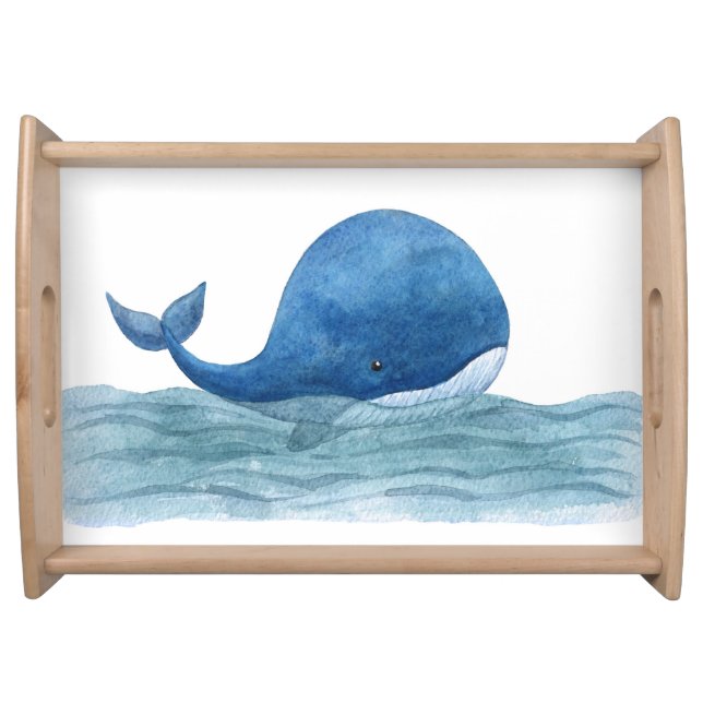 Cute Blue Whale Watercolor Illustration Serving Tray (Front)