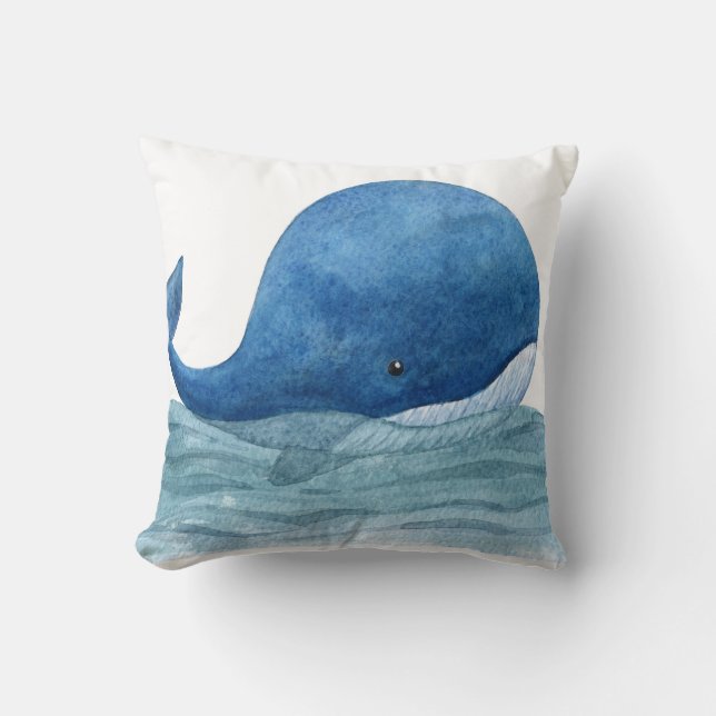 Cute Blue Whale Watercolor Illustration Throw Pillow (Front)