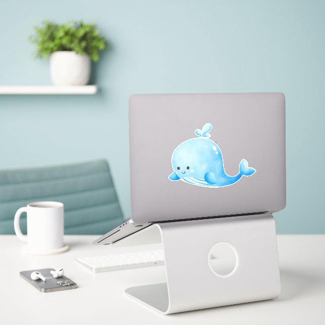 Cute Blue Whale Watercolor Sticker (Laptop On Desk)