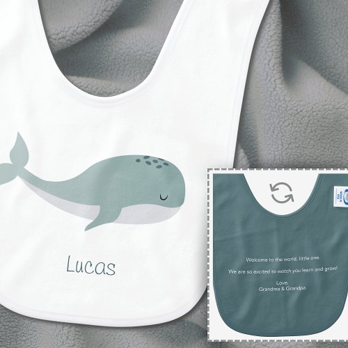 Cute Blue Whale with Name and Message White  Teal Baby Bib