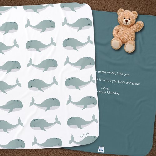 Cute Blue Whale with Name and Message White  Teal Baby Blanket