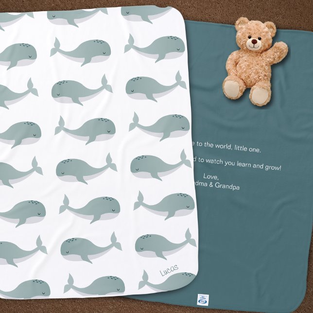 Cute Blue Whale with Name and Message White & Teal Baby Blanket (Creator Uploaded)