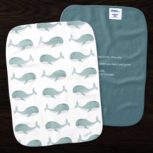 Cute Blue Whale with Name and Message White  Teal Baby Burp Cloth
