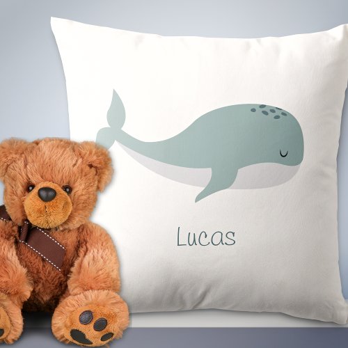 Cute Blue Whale with Personalized Name Kid Throw Pillow