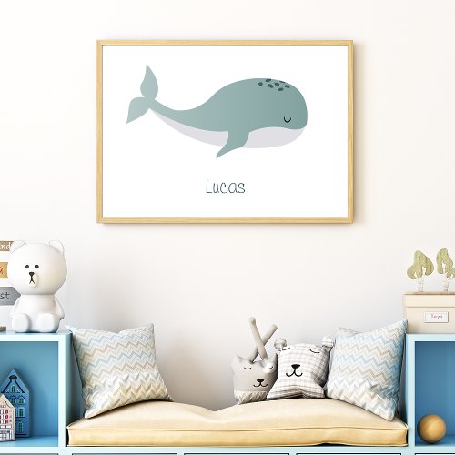 Cute Blue Whale with Personalized Name Little Kid Poster
