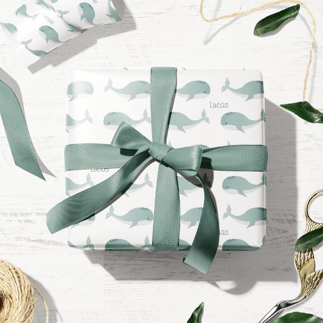 Cute Blue Whale with Personalized Name Little Kid Wrapping Paper (Creator Uploaded)