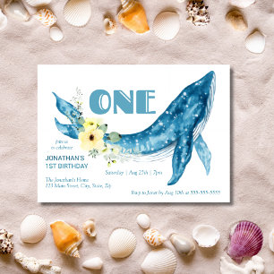 Cute Blue Whale Yellow Floral 1st Birthday Party Invitation