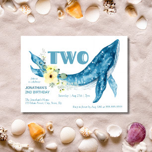 Cute Blue Whale Yellow Floral 2nd Birthday Party Invitation