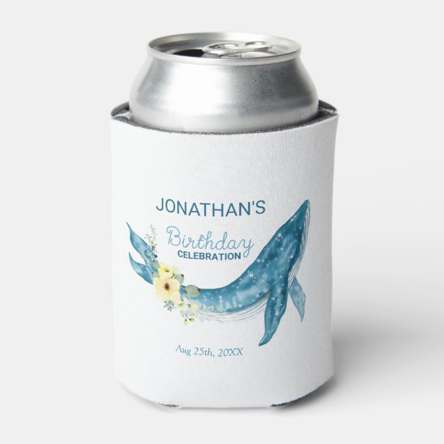 Cute Blue Whale Yellow Floral Birthday Party Can Cooler (Can Front)