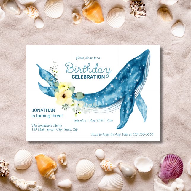Cute Blue Whale Yellow Floral Birthday Party Invitation (Creator Uploaded)