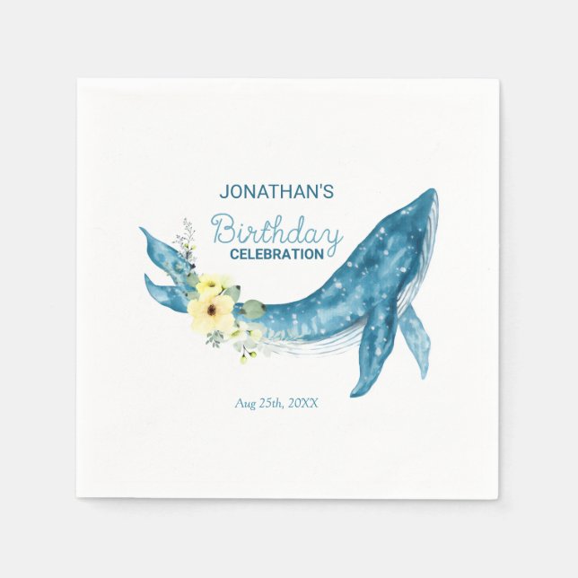 Cute Blue Whale Yellow Floral Birthday Party Napkins (Front)