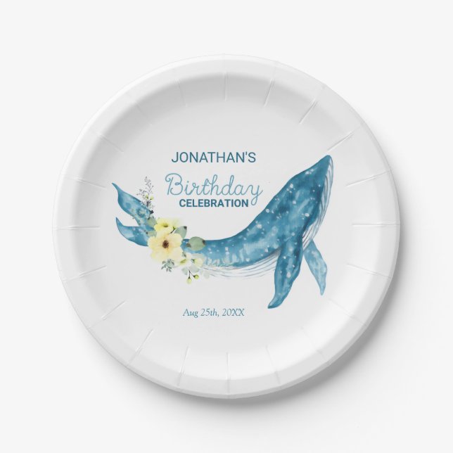 Cute Blue Whale Yellow Floral Birthday Party Paper Plates (Front)