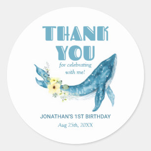 Cute Blue Whale Yellow Floral Birthday Thank You Classic Round Sticker