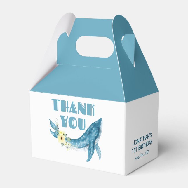 Cute Blue Whale Yellow Floral Birthday Thank You Favor Boxes (Front Side)