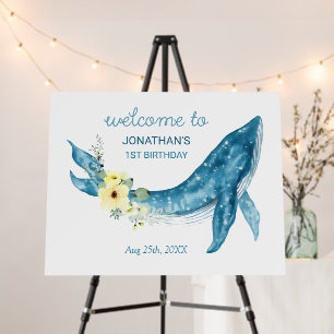 Cute Blue Whale Yellow Floral Birthday Welcome Foam Board