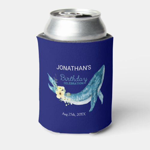 Cute Blue Whale Yellow Floral Navy Birthday Party Can Cooler