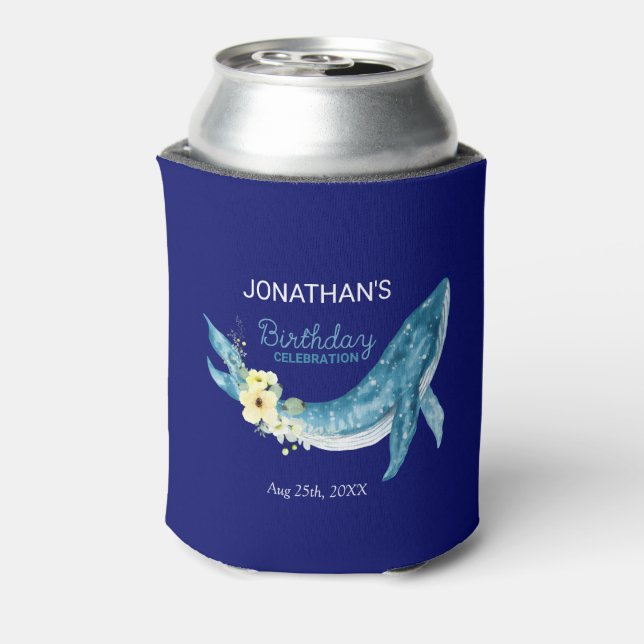 Cute Blue Whale Yellow Floral Navy Birthday Party Can Cooler (Can Back)