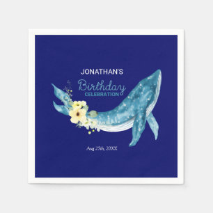 Cute Blue Whale Yellow Floral Navy Birthday Party Napkins