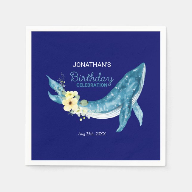 Cute Blue Whale Yellow Floral Navy Birthday Party Napkins (Front)