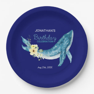 Cute Blue Whale Yellow Floral Navy Birthday Party Paper Plates