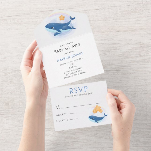 Cute Blue Whale Yellow Stars Baby Shower  All In One Invitation (Tearaway)