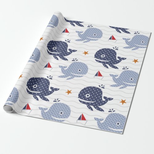 Cute blue whales and boats nautical pattern wrapping paper