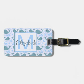 Cute Blue Whales Monogram Pattern Luggage Tag