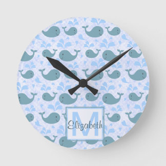 Cute Blue Whales Monogram Pattern Round Clock