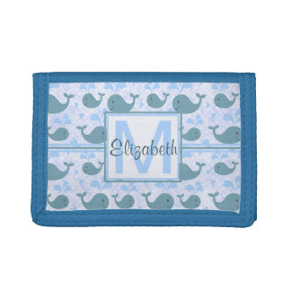 Cute Blue Whales Monogram Pattern Tri-fold Wallet