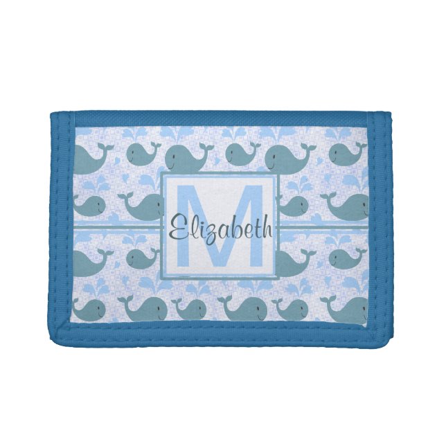 Cute Blue Whales Monogram Pattern Tri-fold Wallet (Front)