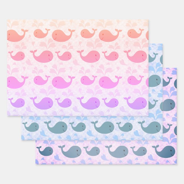 Cute Blue Whales Pattern Colorful Wrapping Paper Sheets (Set)