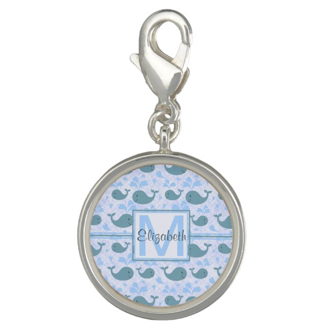 Cute Blue Whales Pattern Monogram Charm (Front)