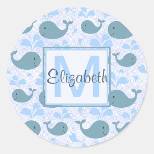 Cute Blue Whales Pattern Monogram Classic Round Sticker