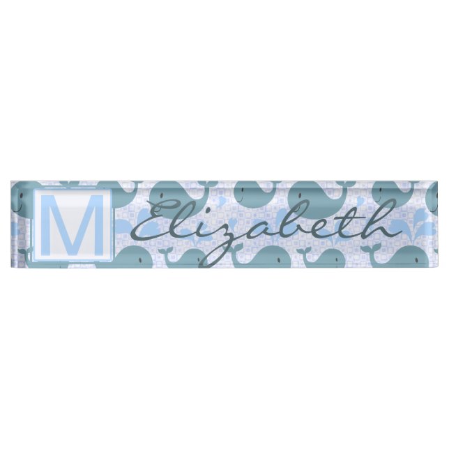 Cute Blue Whales Pattern Monogram Desk Name Plate (Front)