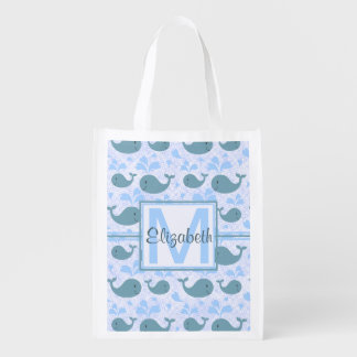 Cute Blue Whales Pattern Monogram Grocery Bag