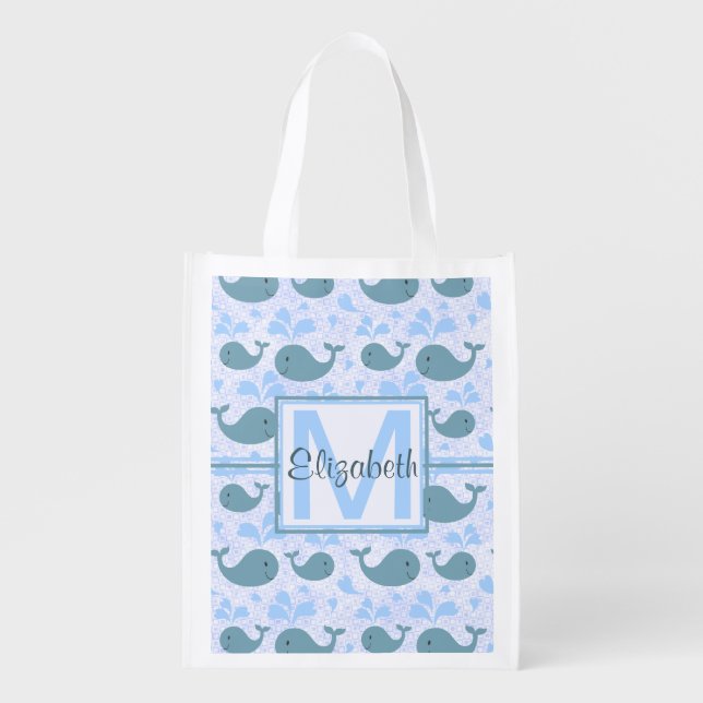Cute Blue Whales Pattern Monogram Grocery Bag (Front)
