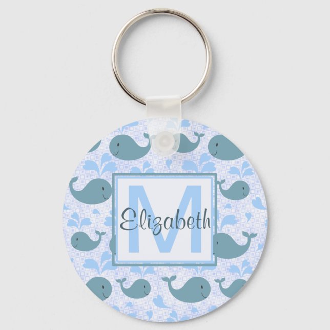 Cute Blue Whales Pattern Monogram Keychain (Front)