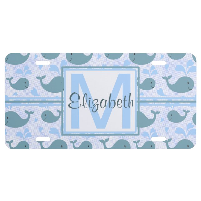 Cute Blue Whales Pattern Monogram License Plate (Front)