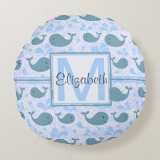 Cute Blue Whales Pattern Monogram Round Pillow