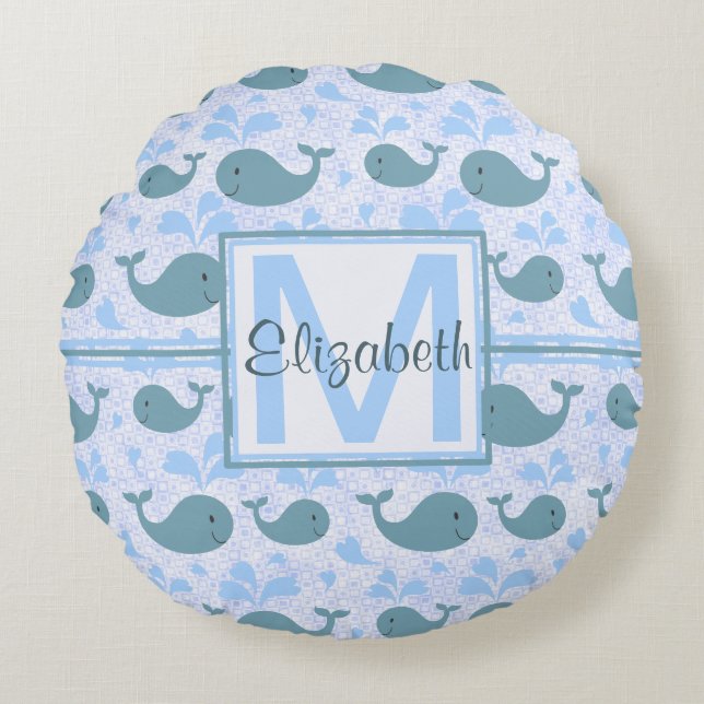 Cute Blue Whales Pattern Monogram Round Pillow (Front)