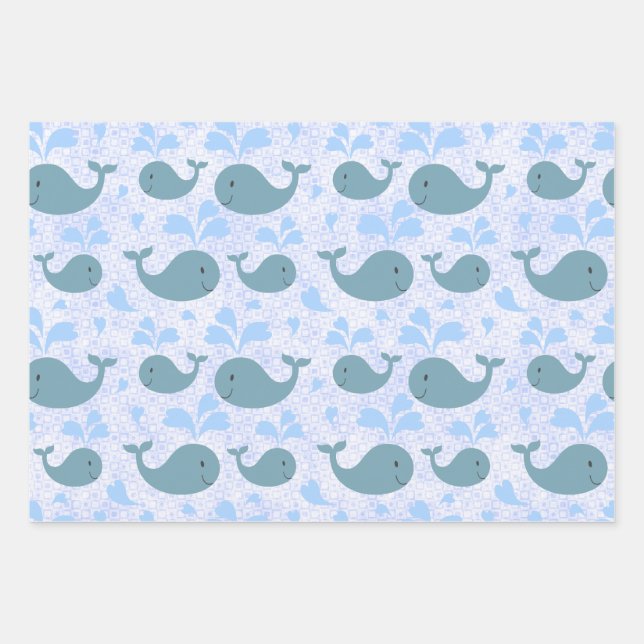 Cute Blue Whales Pattern Wrapping Paper Sheets (Front)