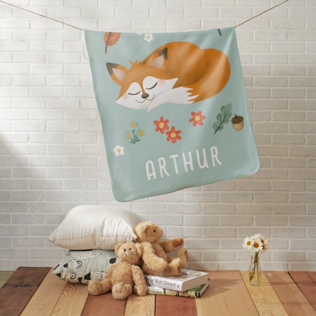 Cute Blue Whimsical Forest Fox Boys Baby Blanket (In Situ)