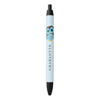 Cute Blue Whimsical Owl Black Ink Pen